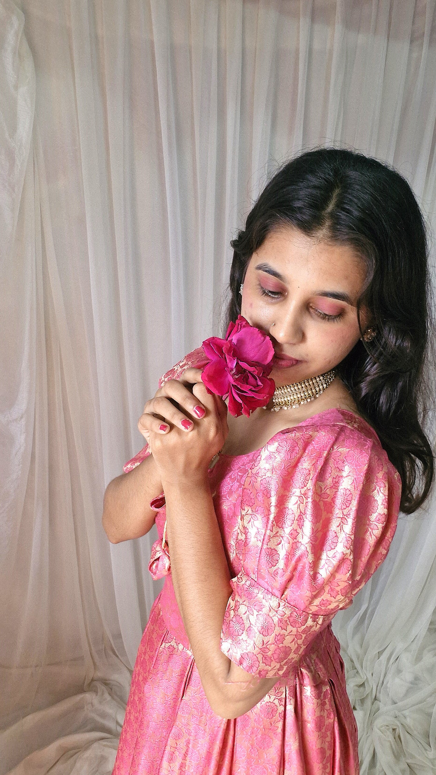 Rosé Glow Banarasi-Style Brocade Gown
