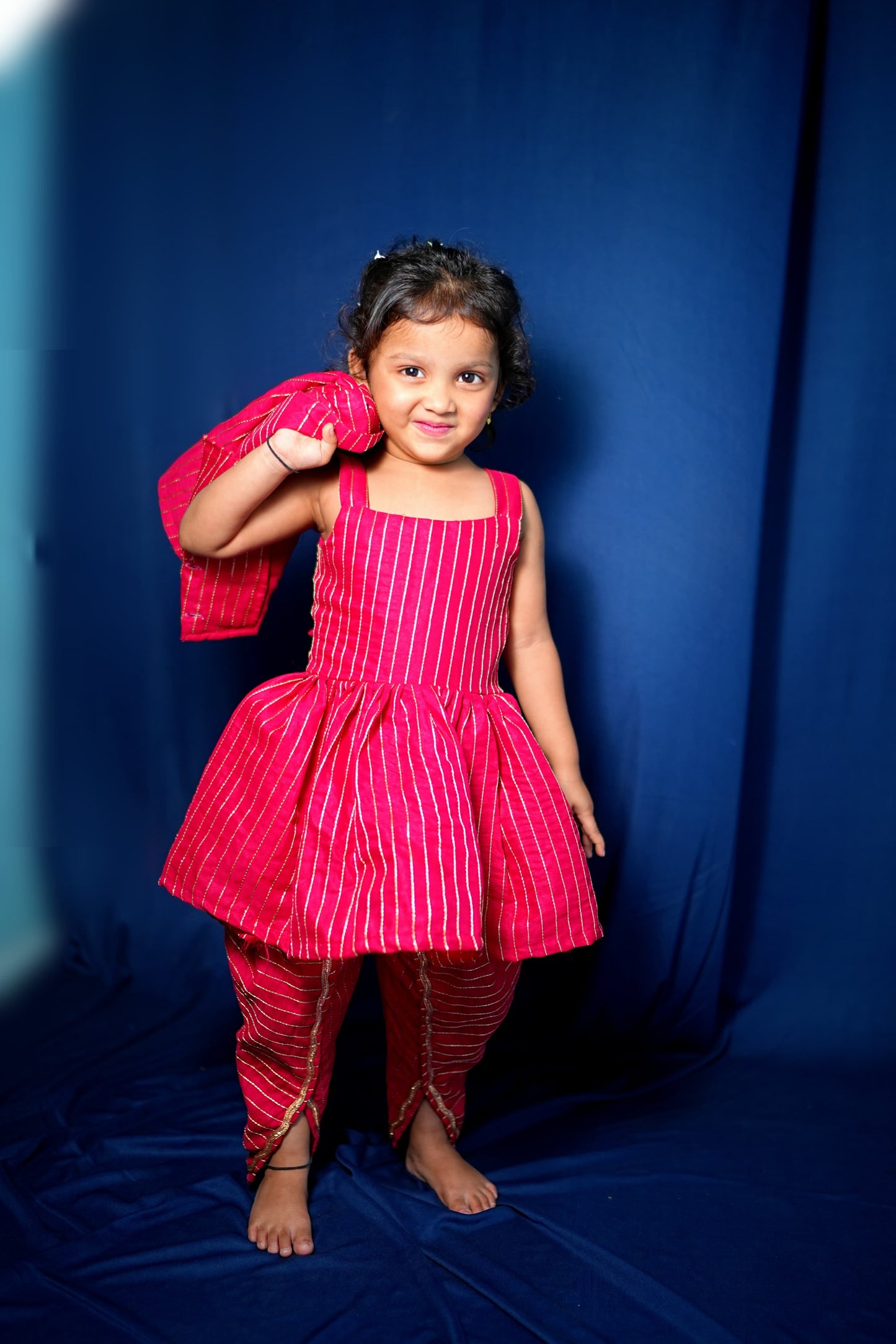 pink Striped Peplum Dhoti Set with Jacket (3-Piece)