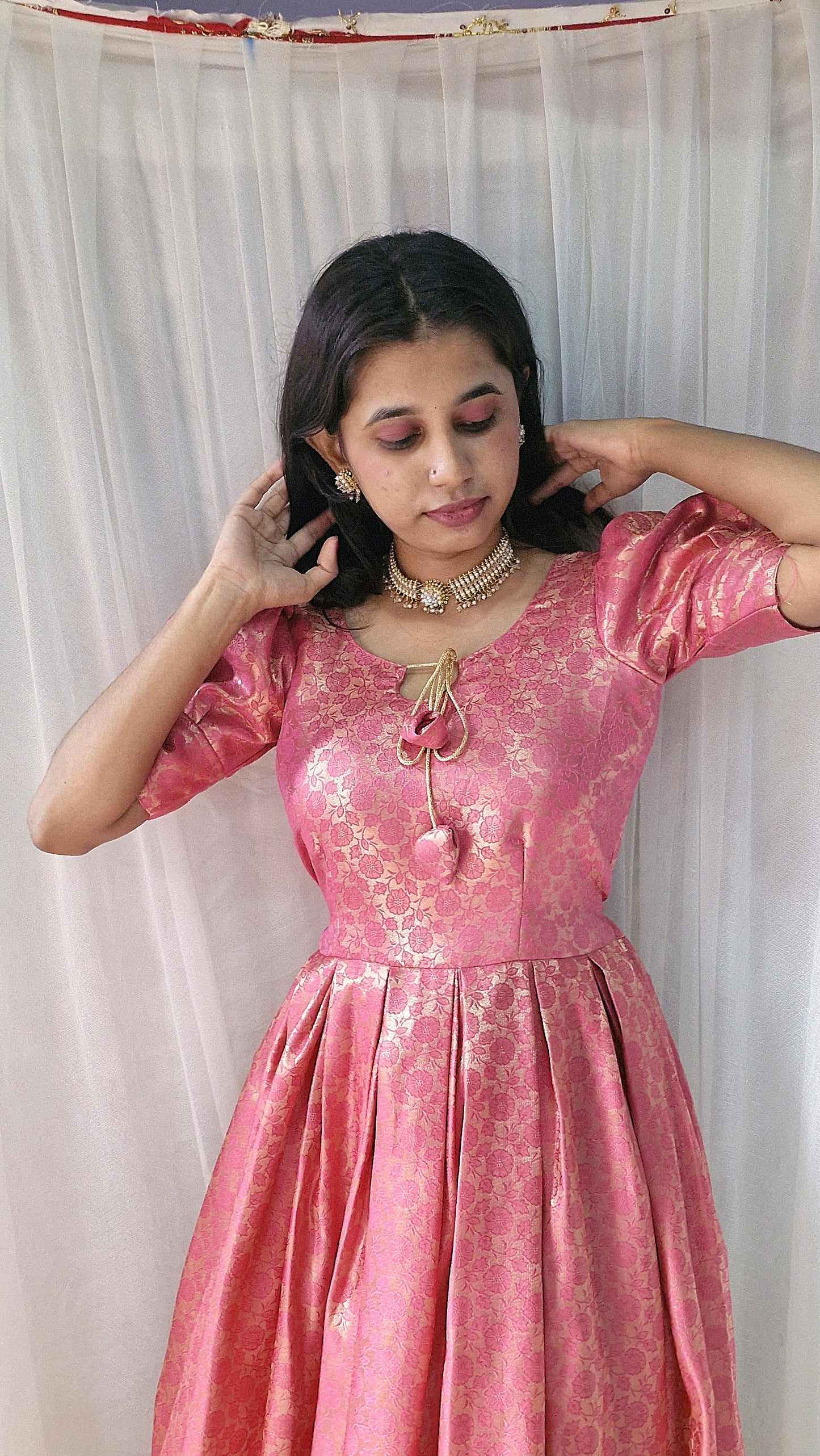 Rosé Glow Banarasi-Style Brocade Gown
