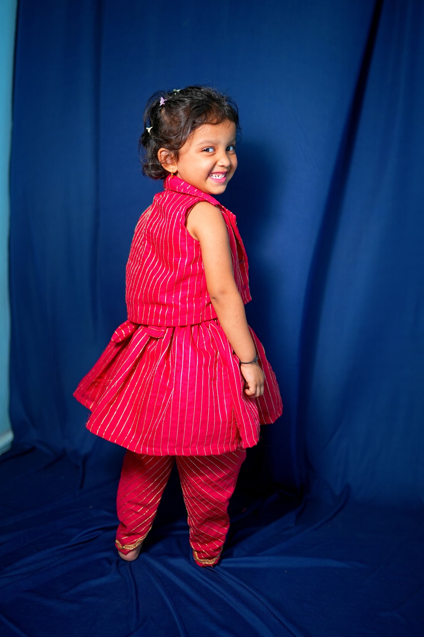 pink Striped Peplum Dhoti Set with Jacket (3-Piece)