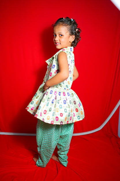 Mint Green Floral Peplum Kurta with Striped Dhoti Pants – Girls Ethnic Wear