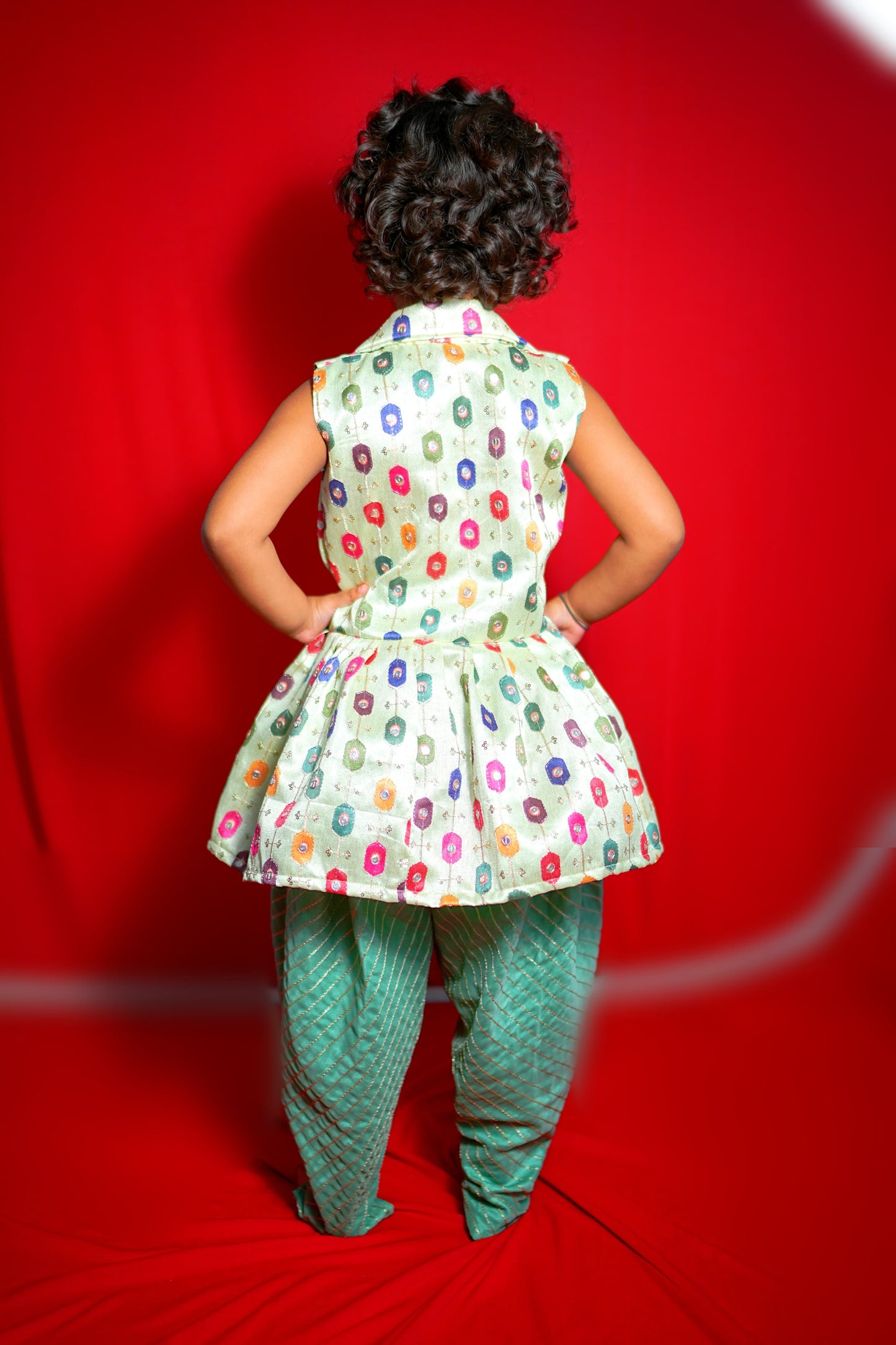 Mint Green Floral Peplum Kurta with Striped Dhoti Pants – Girls Ethnic Wear