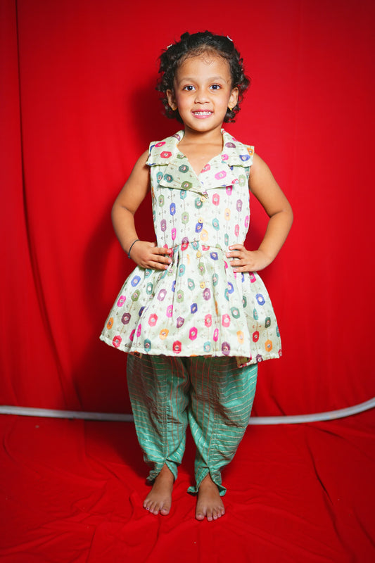 Mint Green Floral Peplum Kurta with Striped Dhoti Pants – Girls Ethnic Wear