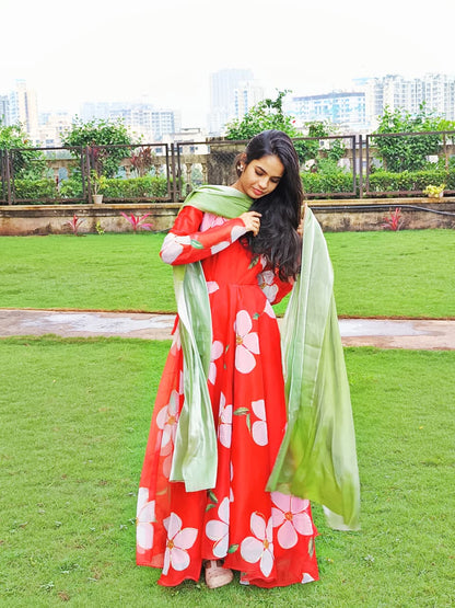 Red Organza Anarkali Set