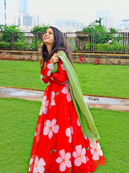 Red Organza Anarkali Set