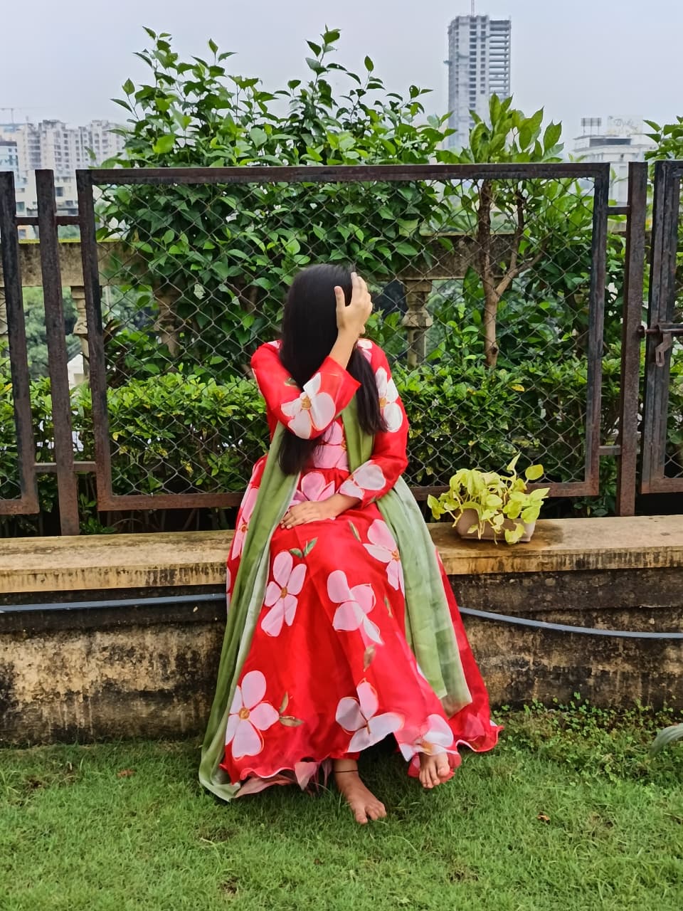 Red Organza Anarkali Set