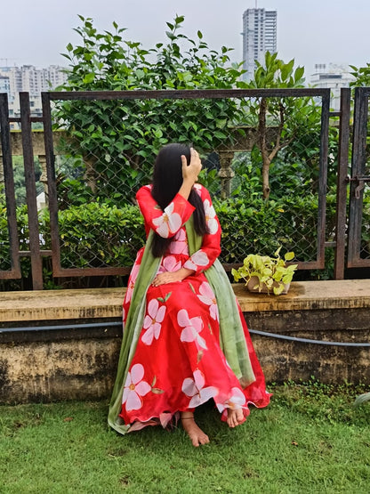 Red Organza Anarkali Set