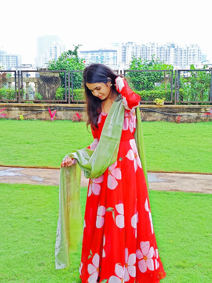 Red Organza Anarkali Set