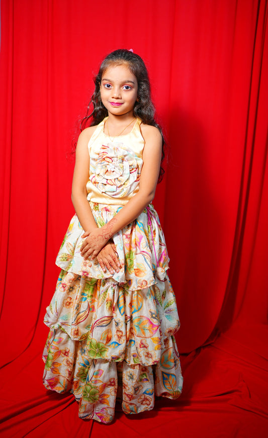 Floral Layered Lehenga with Satin Halter Top – Girls Ethnic Wear Set