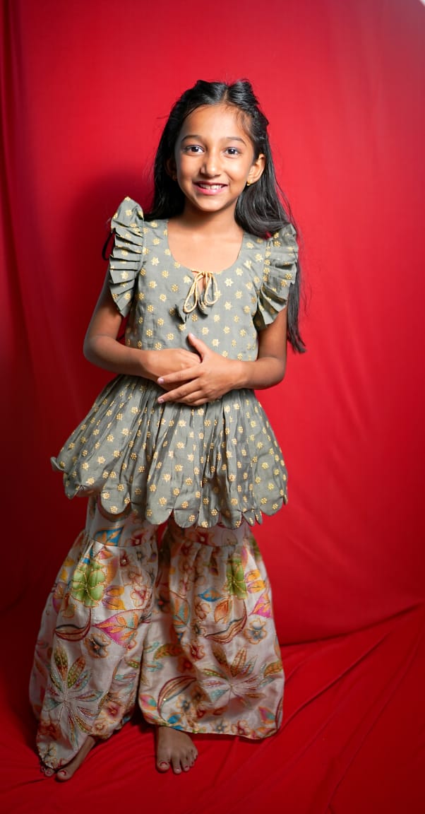 Gulabo Grey Peplum Sharara Set (Kidswear)