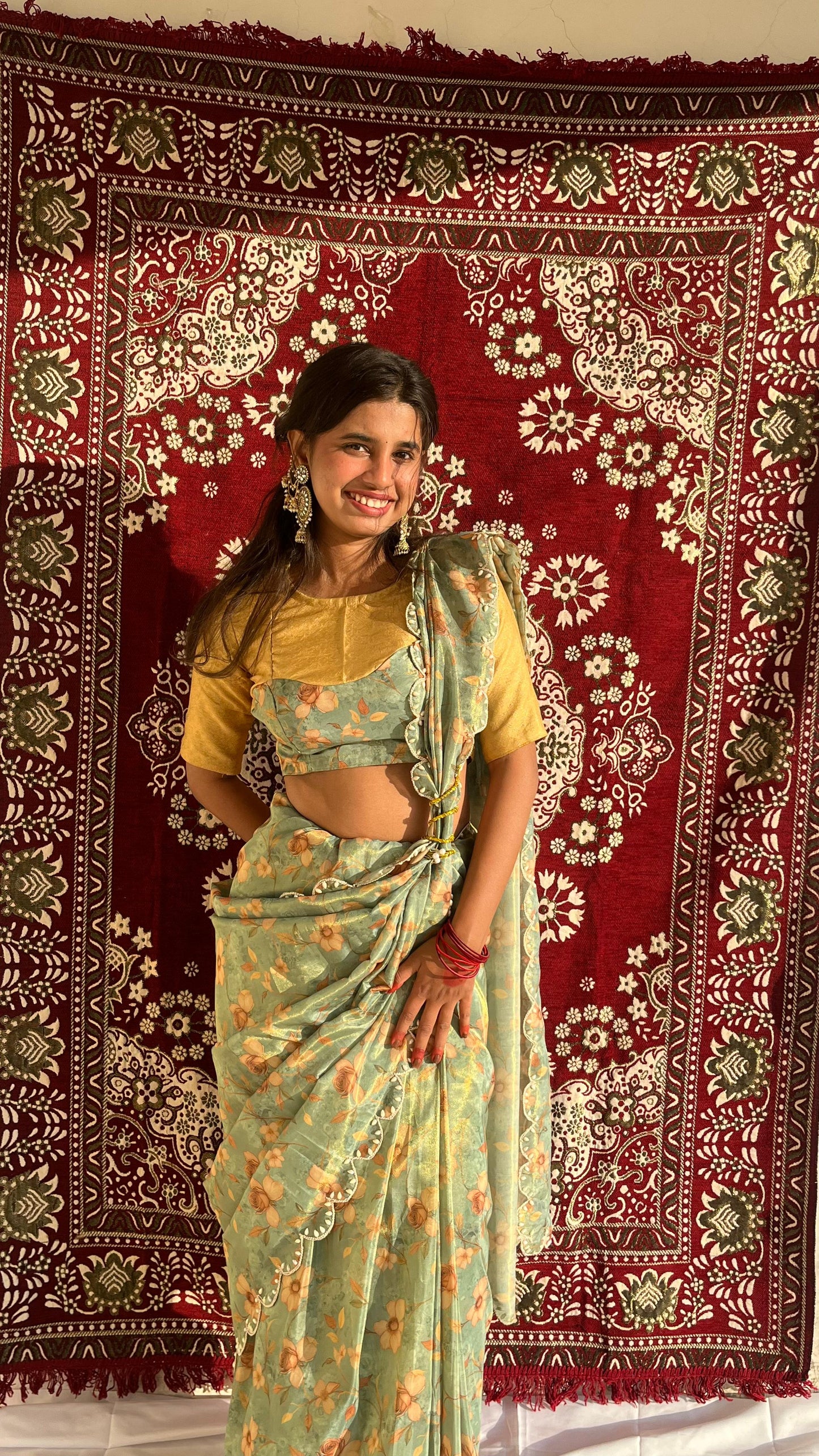 Mint Floral Saree with Mustard Blouse