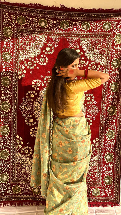 Mint Floral Saree with Mustard Blouse