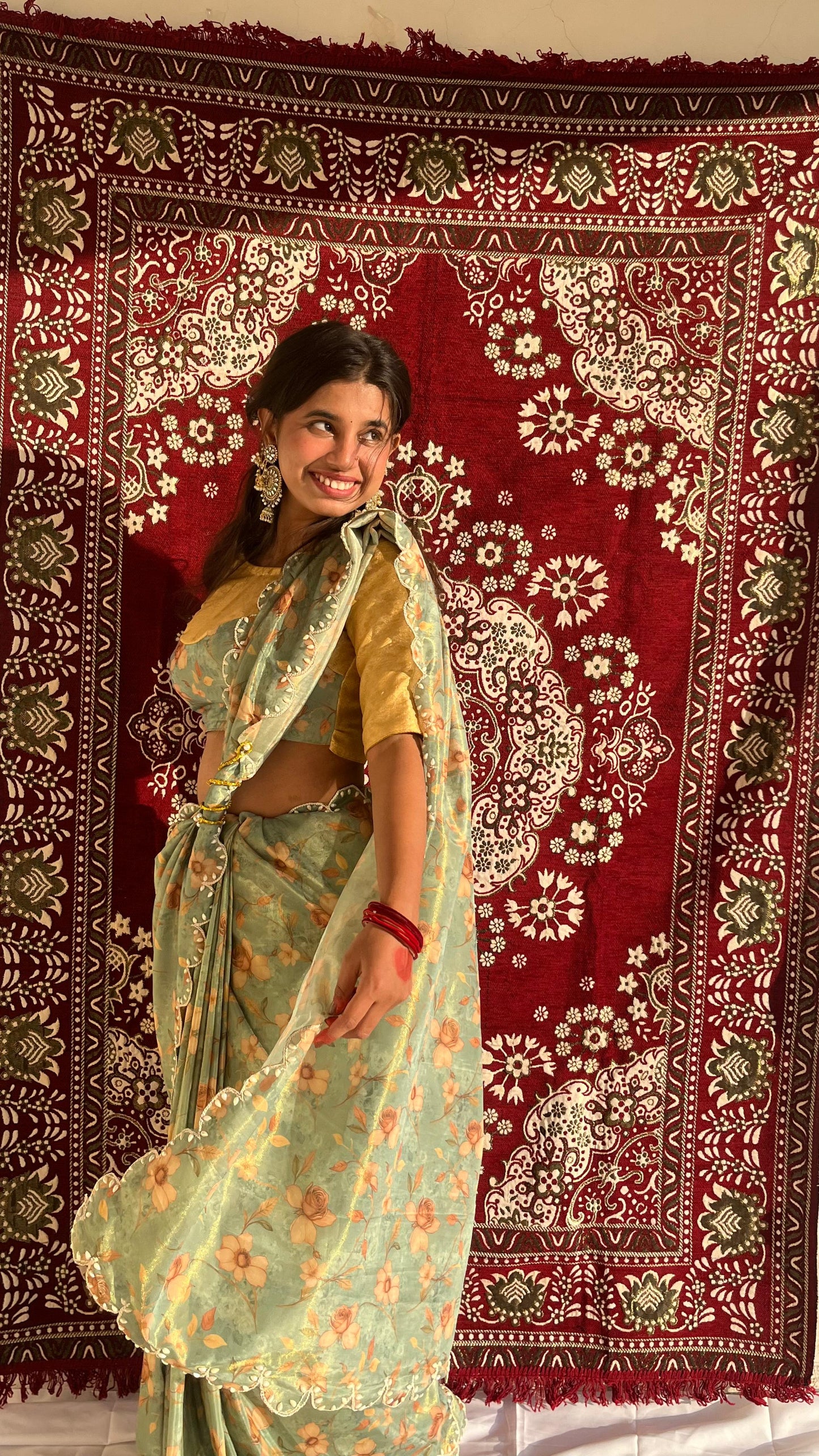 Mint Floral Saree with Mustard Blouse