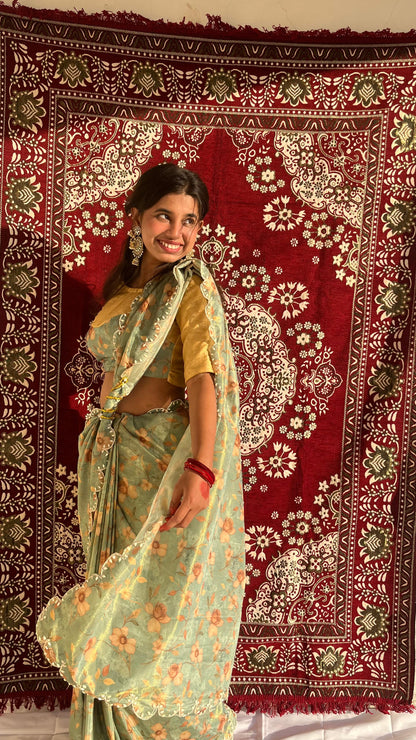 Mint Floral Saree with Mustard Blouse