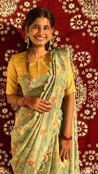 Mint Floral Saree with Mustard Blouse